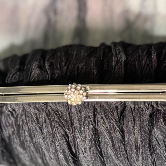 Neiman Marcus Ruched Black Evening Bag/Clutch W/ Long Silver Colored Metal Strap - Picture 2 of 9